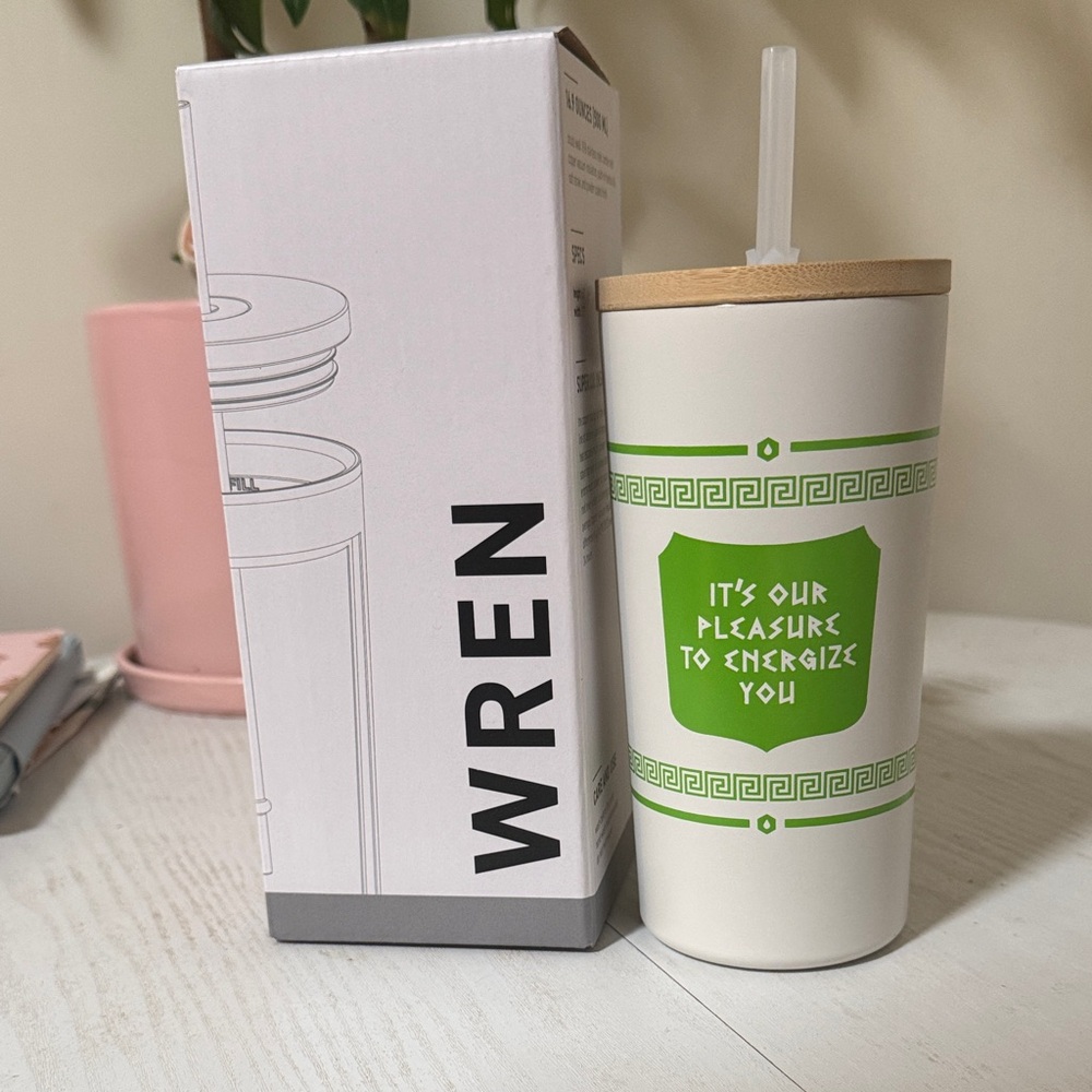 Wren Stainless Steel Tumbler Liquid IV w Straw 16.9oz. New in box Bamboo lid